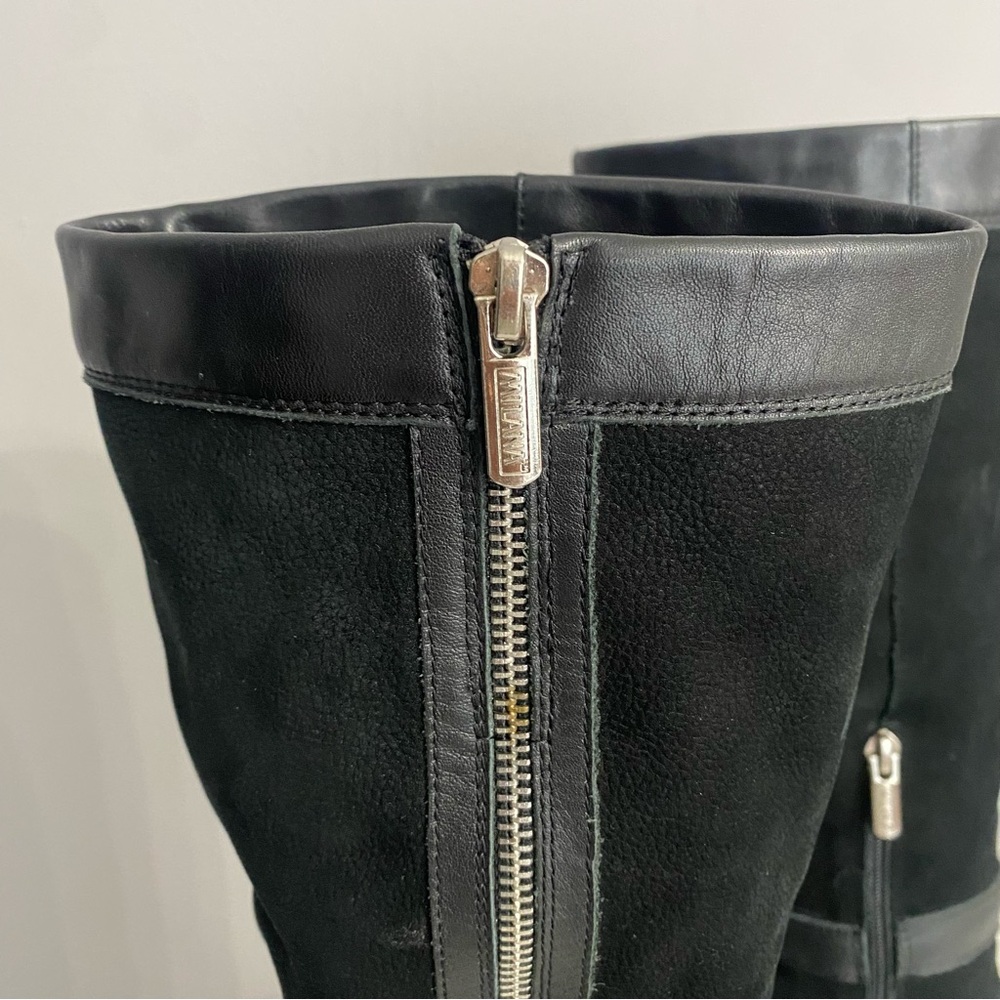 Milana Black Leather Knee High Moto Boots Buckle Block Heel EU 35 US 5 Italy - Picture 2 of 16